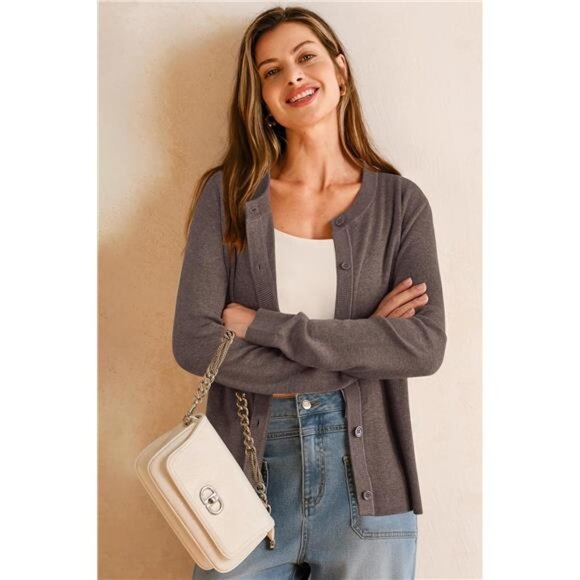 Women's Wool Blended Cardigan Sweaters Lightweight Coffee - Picture 3 of 6